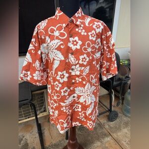 PreOwned Kahala Hawaiian Print Orange/White Full Button Men's XXL